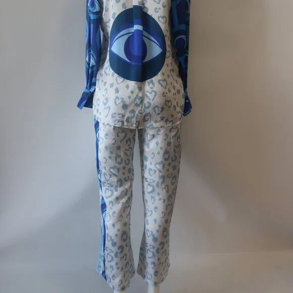 NWT Womens Bululu Magical Blue, White Print Satin Pants M Set - Picture 6 of 10